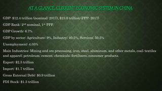 AT A GLANCE, CURRENT ECONOMIC SYSTEM IN CHINA
GDP: $12.4 trillion (nominal; 2017), $23.0 trillion (PPP; 2017)
GDP Rank: 2nd nominal, 1st PPP.
GDP Growth: 6.7%
GDP by sector: Agriculture: 9%, Industry: 40.5%, Services: 50.5%
Unemployment: 4.05%
Main Industries: Mining and ore processing, iron, steel, aluminum, and other metals, coal; textiles
and apparel; petroleum; cement; chemicals; fertilizers; consumer products.
Export: $2.3 trillion
Import: $1.7 trillion
Gross External Debt: $0.9 trillion
FDI Stock: $1.3 trillion
 