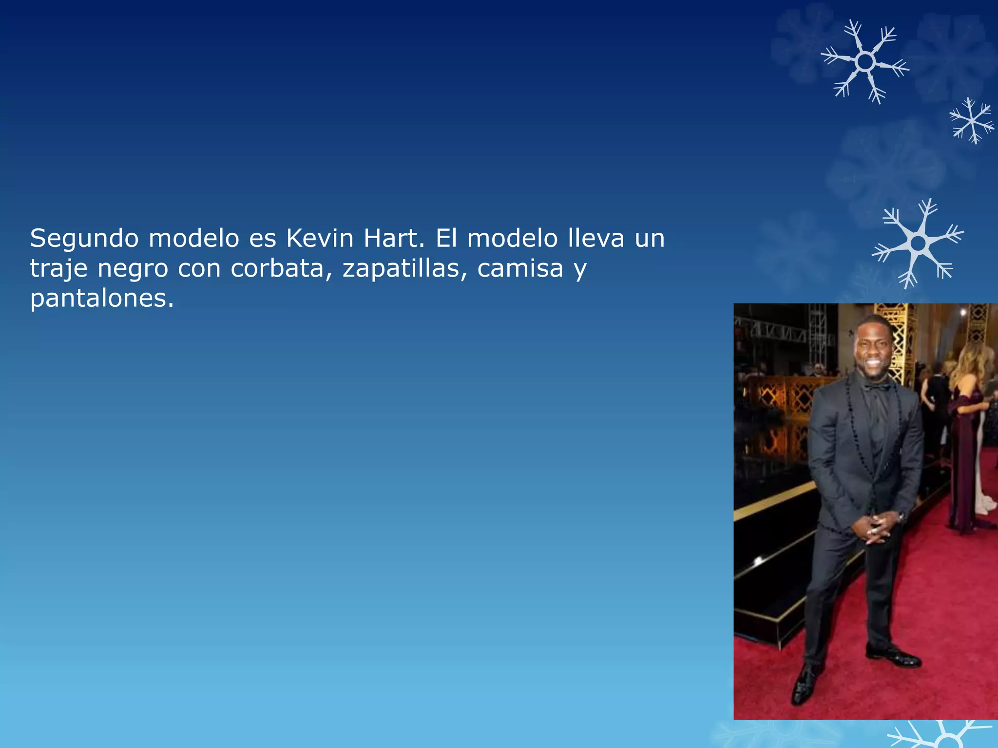 Segundo modelo es Kevin Hart. El modelo lleva un
traje negro con corbata, zapatillas, camisa y
pantalones.