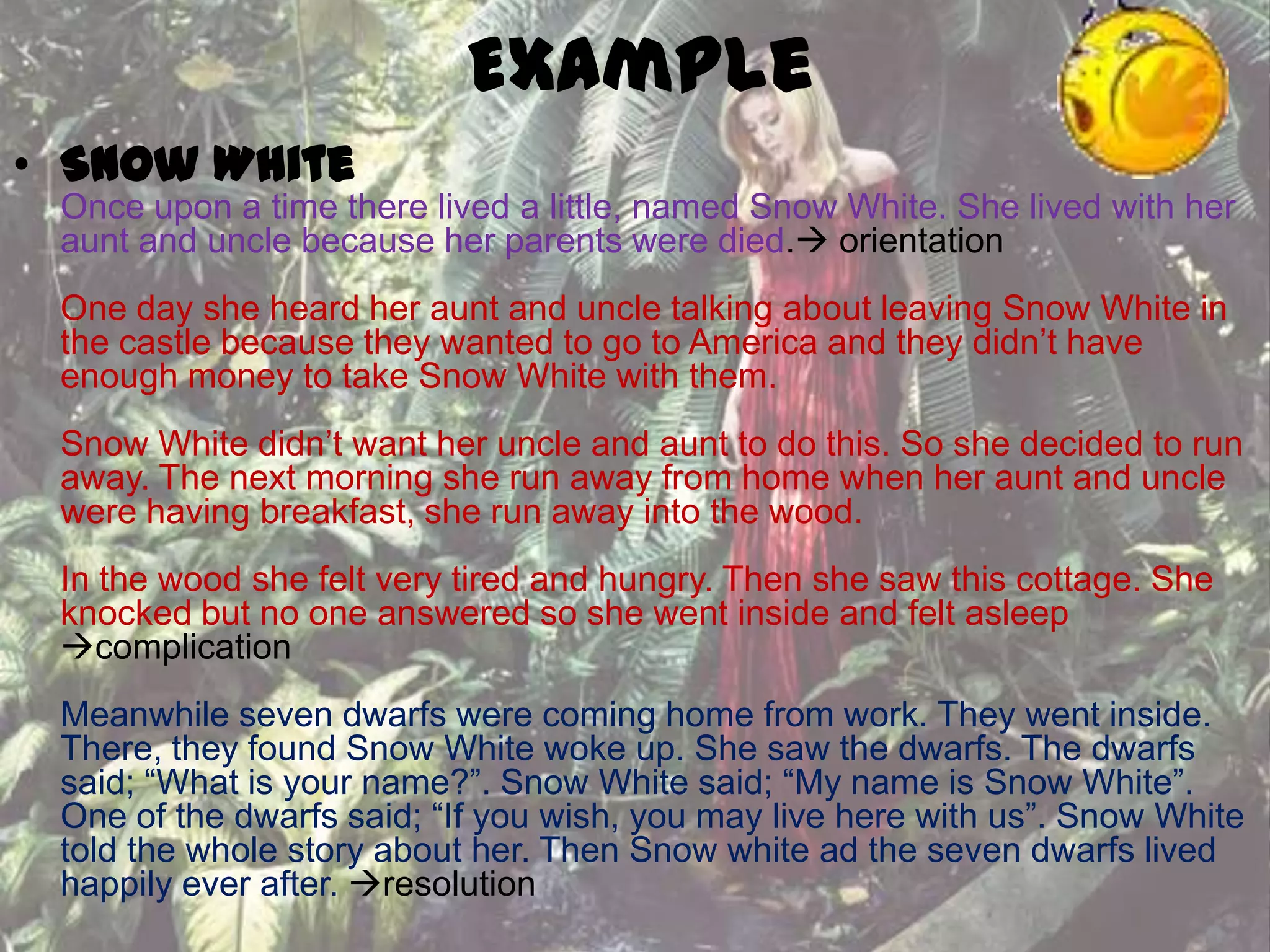 Example
• Snow White
Once upon a time there lived a little, named Snow White. She lived with her
aunt and uncle because her parents were died. orientation
One day she heard her aunt and uncle talking about leaving Snow White in
the castle because they wanted to go to America and they didn’t have
enough money to take Snow White with them.
Snow White didn’t want her uncle and aunt to do this. So she decided to run
away. The next morning she run away from home when her aunt and uncle
were having breakfast, she run away into the wood.
In the wood she felt very tired and hungry. Then she saw this cottage. She
knocked but no one answered so she went inside and felt asleep
complication

Meanwhile seven dwarfs were coming home from work. They went inside.
There, they found Snow White woke up. She saw the dwarfs. The dwarfs
said; “What is your name?”. Snow White said; “My name is Snow White”.
One of the dwarfs said; “If you wish, you may live here with us”. Snow White
told the whole story about her. Then Snow white ad the seven dwarfs lived
happily ever after. resolution

 