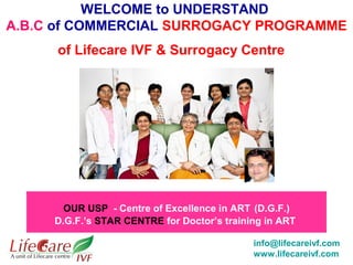 WELCOME to UNDERSTAND 
A.B.C of COMMERCIAL SURROGACY PROGRAMME 
of Lifecare IVF & Surrogacy Centre 
OUR USP - Centre of Excellence in ART (D.G.F.) 
D.G.F.’s STAR CENTRE for Doctor’s training in ART 
info@lifecareivf.com 
www.lifecareivf.com 
 
