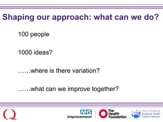 Shaping our approach: what can we do?
100 people
1000 ideas?
……where is there variation?
……what can we improve together?
 
