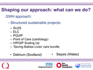 GWH approach:
- Structured sustainable projects:
– SU2S
– ELC
– PQUIP
– Point of Care (cardiology)
– HIPQIP Scaling Up
– ‘Saving Babies Lives’ care bundle
• Delirium (Scotland) • Sepsis (Wales)
Shaping our approach: what can we do?
 