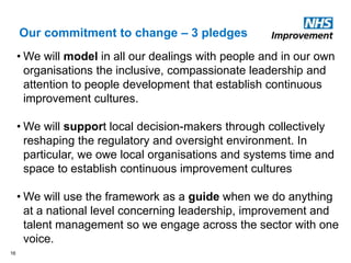 Our commitment to change – 3 pledges
16
• We will model in all our dealings with people and in our own
organisations the inclusive, compassionate leadership and
attention to people development that establish continuous
improvement cultures.
• We will support local decision-makers through collectively
reshaping the regulatory and oversight environment. In
particular, we owe local organisations and systems time and
space to establish continuous improvement cultures
• We will use the framework as a guide when we do anything
at a national level concerning leadership, improvement and
talent management so we engage across the sector with one
voice.
 