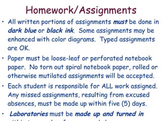 Homework/Assignments All written portions of assignments  must  be done in  dark blue  or  black ink .  Some assignments may be enhanced with color diagrams.  Typed assignments are OK. Paper must be loose-leaf or perforated notebook paper.  No torn out spiral notebook paper, rolled or otherwise mutilated assignments will be accepted. Each student is responsible for ALL work assigned.  Any missed assignments, resulting from excused absences, must be made up within five (5) days.  Laboratories  must be  made up and turned in  within two weeks of an excused absence. 