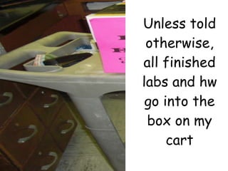 Unless told otherwise, all finished labs and hw go into the box on my cart 