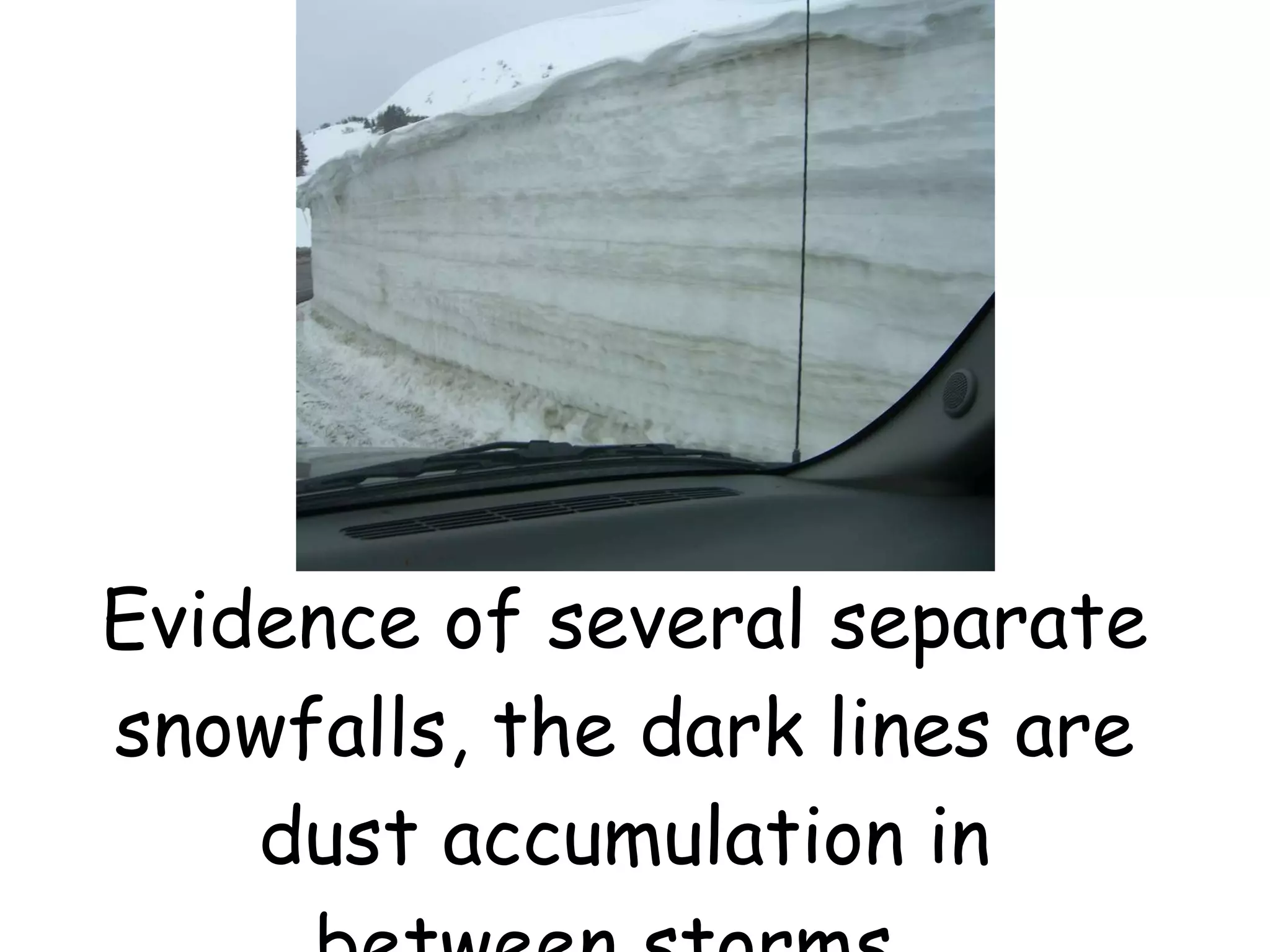 Evidence of several separate snowfalls, the dark lines are dust accumulation in between storms.  