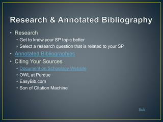 • Research
• Get to know your SP topic better
• Select a research question that is related to your SP
• Annotated Bibliographies
• Citing Your Sources
• Document on Schoology Website
• OWL at Purdue
• EasyBib.com
• Son of Citation Machine
Back
 