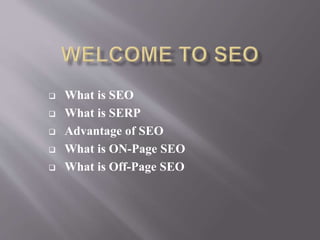  What is SEO
 What is SERP
 Advantage of SEO
 What is ON-Page SEO
 What is Off-Page SEO
 