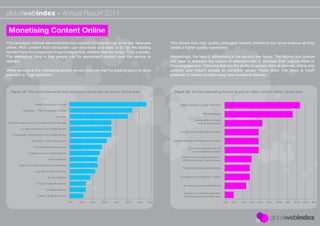 globalwebindex - Annual Report 2011

 Monetising Content Online
The packaged internet demonstrates how content companies can drive real revenues                 This shows how high quality packaged content platforms can drive revenue as they
online. Rich content that consumers can download and keep is by far the leading                  create a higher quality experience.
content form for consumers to purchase online, whether that be music, TV or e-books.
The interesting thing is that people pay for permanent content over the service or               Interestingly, the lack of advertising is the second key factor. This shows how brands
delivery.                                                                                        will need to embrace the culture of entertainment to increase their opportunities to
                                                                                                 drive engagement. Following that are the ability to access from all devices, online only
When we look at the motivating factors we can also see that the leading factor to drive          content, and instant access to complete series. These show that there is much
payment is “high deﬁnition”.                                                                     potential to deliver content using new models of delivery.



  Figure 19: The content/services that consumers would pay for online. Global data                 Figure 20: The key motivating factors to pay for video content online. Global data


                      Music download to keep                                                           Higher quality e.g High Deﬁnition

           Television / Film download to keep
                                                                                                                          No advertising
                                       E-book
                                                                                                                    Being able to access
Premium web service e.g email / online storage                                                                       from all my devices

          An application for your mobile phone
                                                                                                        Access before the ofﬂine release
   A mapping / GPS service of a mobile phone

                  Television / Film live stream                                                    Instant access to episodes of a series

                   A multi-player online game                                                                 Access to content that will
                                                                                                                 only be released online
                A game on your mobile phone
                                                                                                        Priority in purchasing tickets for
                                News website                                                             ofﬂine screening / performance
        Music to stream to stream on-demand
                                                                                                          Digital rights management free
                     Live sports stream online

                               Sports hi-lights                                                        To support the producers / artists

                      A social network service
                                                                                                          An option to share with friends
                              A dating service
                                                                                                          Access to a related exclusive
                       A photo sharing service                                                            community to meet other fans

                                                  0%   10%   20%   30%   40%   50%   60%   70%                                               0%   5%   10%   15%   20%   25%   30%   35%   40%   45%   50%
 