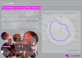 globalwebindex - Annual Report 2011

 Social Media has reached Mass Maturity
Overall social engagement across social networking, micro-blogging, video
uploading, news writing or blog production has reached massive levels in all markets.         Figure 1: Combined monthly involvement of social network users, micro-blog users,
Even in the least engaged markets, nearly 50% of consumers participated in some               video uploaders, news writers and blog writers. PC internet. Wave 1 to 3.
form of social contribution in the last month. This is a signiﬁcant indication of the total
impact of social media. It has, in the last 5 years, redeﬁned all internet markets.                                                   Japan
                                                                                                                                        90%           Spain
When we look at the combined reach in markets such as Brazil and India, this almost                                  Brazil
                                                                                                                                        80%
reaches 90%, showing mass saturation. This a clear indication that the massive
periods of growth are over.                                                                                                             70%
                                                                                                                                                                  Netherlands
                                                                                                             India
                                                                                                                                        60%
This view of total social engagement reveals a smaller gap between fast growing
                                                                                                                                        50%
emerging markets and older developed web markets than is often reported. For
example, the US and China have the same level of social engagement, although if you               Russia
                                                                                                                                        40%
                                                                                                                                                                               France
look at individual platforms (see Figure 3) China will lead the US in everything. This                                                  30%
shows us that social users in China tend to do more across more platforms, while
                                                                                                                                        20%
users in the US are more fragmented.
                                                                                                                                        10%


                                                                                                China                                   0%                                       Germany




                                                                                                    USA                                                                       South Korea




                                                                                                           Canada                                                 Australia



                                                                                                                              UK                       Italy
                                                                                                                                     Mexico



                                                                                                                                                                   Wave 1 (July 2009)
                                                                                                                                                                   Wave 3 (Sept 2010)
 
