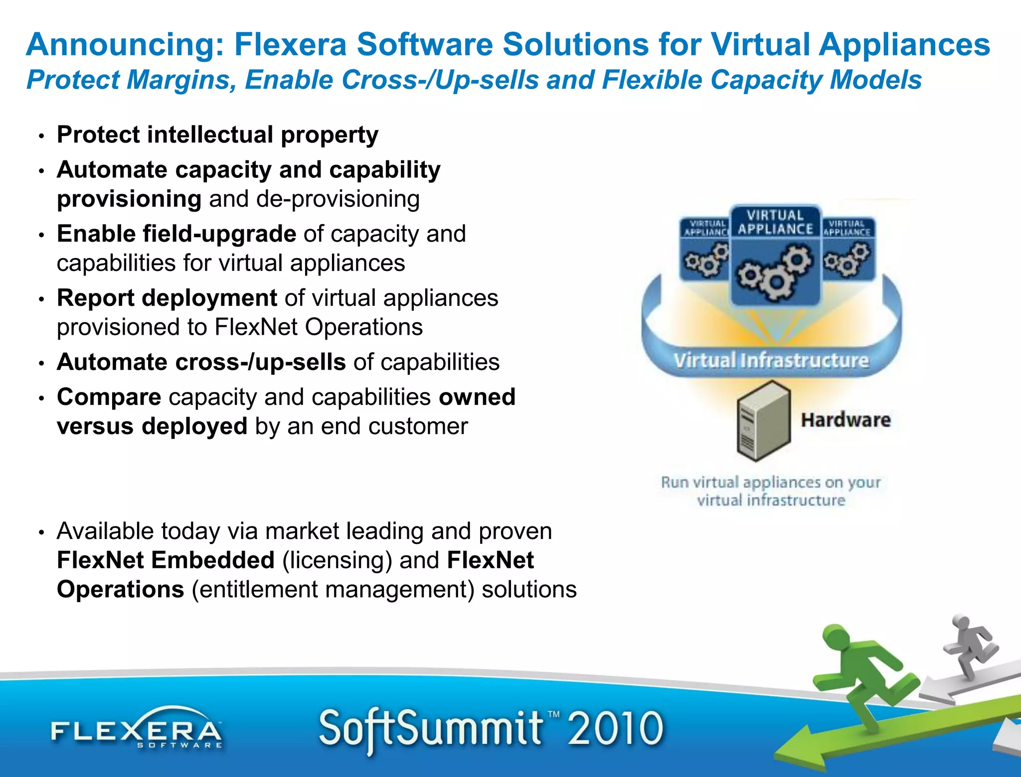 Announcing: Flexera Software Solutions for Virtual Appliances
Protect Margins, Enable Cross-/Up-sells and Flexible Capacity Models
•   Protect intellectual property
•   Automate capacity and capability
    provisioning and de-provisioning
•   Enable field-upgrade of capacity and
    capabilities for virtual appliances
•   Report deployment of virtual appliances
    provisioned to FlexNet Operations
•   Automate cross-/up-sells of capabilities
•   Compare capacity and capabilities owned
    versus deployed by an end customer



•   Available today via market leading and proven
    FlexNet Embedded (licensing) and FlexNet
    Operations (entitlement management) solutions
 