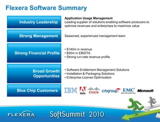 Flexera Software Summary
                             Application Usage Management
    Industry Leadership      Leading supplier of solutions enabling software producers to
                             optimize revenues and enterprises to maximize value


    Strong Management        Seasoned, experienced management team



                             • $140m in revenue
  Strong Financial Profile   • $50m in EBIDTA
                             • Strong run-rate revenue profile



                             • Software Entitlement Management Solutions
           Broad Growth
                             • Installation & Packaging Solutions
           Opportunities     • Enterprise License Optimization



   Blue Chip Customers
 