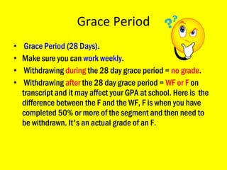 Grace Period Grace Period (28 Days). Make sure you can  work weekly. Withdrawing  during  the 28 day grace period =  no grade . Withdrawing  after  the 28 day grace period =  WF or F  on transcript and it may affect your GPA at school. Here is  the difference between the F and the WF, F is when you have completed 50% or more of the segment and then need to be withdrawn. It's an actual grade of an F. 