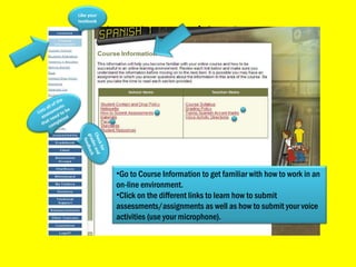 Getting Started in Course Go to Course Information to get familiar with how to work in an on-line environment.  Click on the different links to learn how to submit assessments/assignments as well as how to submit your voice activities (use your microphone). Like your textbook Lists all of the assessments that need to be completed Check for grades and feedback 