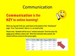 Communication Communication  is the  KEY  to online learning! When you log into FLVS.net, scroll down to the bottom of the “Dashboard” page.  If our “last contact” date is  red , we need to talk. Please note:  Students will be set as “contact instructor” from the class if  6 weeks  go by without a phone call.  When the instructor talk a parent, the student will have access to the course again. 