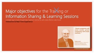 Major objectives for the Training or
Information Sharing & Learning Sessions
a simpler way to work and generate maximum revenue as well create effective sales forces
POWERED BY: Mohammad
Interactive & Real Time Experience
 