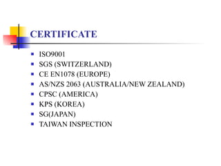 CERTIFICATE ISO9001 SGS (SWITZERLAND) CE EN1078 (EUROPE) AS/NZS 2063 (AUSTRALIA/NEW ZEALAND) CPSC (AMERICA) KPS (KOREA) SG(JAPAN) TAIWAN INSPECTION 