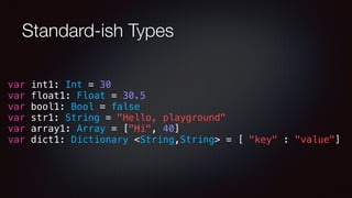 Standard-ish Types
var int1: Int = 30
var float1: Float = 30.5
var bool1: Bool = false
var str1: String = "Hello, playground"
var array1: Array = ["Hi", 40]
var dict1: Dictionary <String,String> = [ "key" : "value"]
 