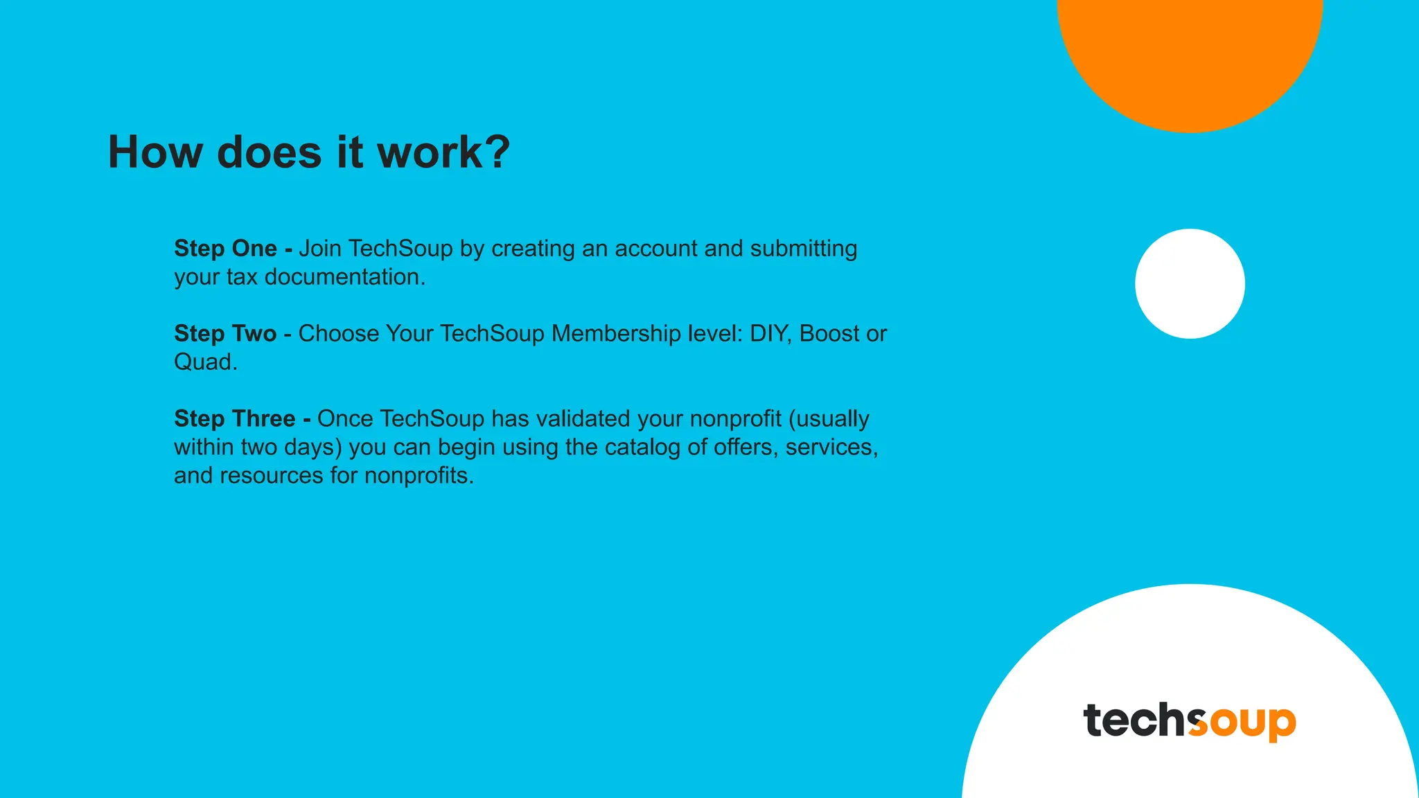 Step One - Join TechSoup by creating an account and submitting
your tax documentation.
Step Two - Choose Your TechSoup Membership level: DIY, Boost or
Quad.
Step Three - Once TechSoup has validated your nonprofit (usually
within two days) you can begin using the catalog of offers, services,
and resources for nonprofits.
How does it work?
 