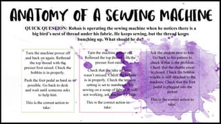 QUICK QUESTION: Rohan is operating the sewing machine when he notices there is a
big bird’s nest of thread under his fabric. He keeps sewing, but the thread keeps
bunching up. What should he do?
 