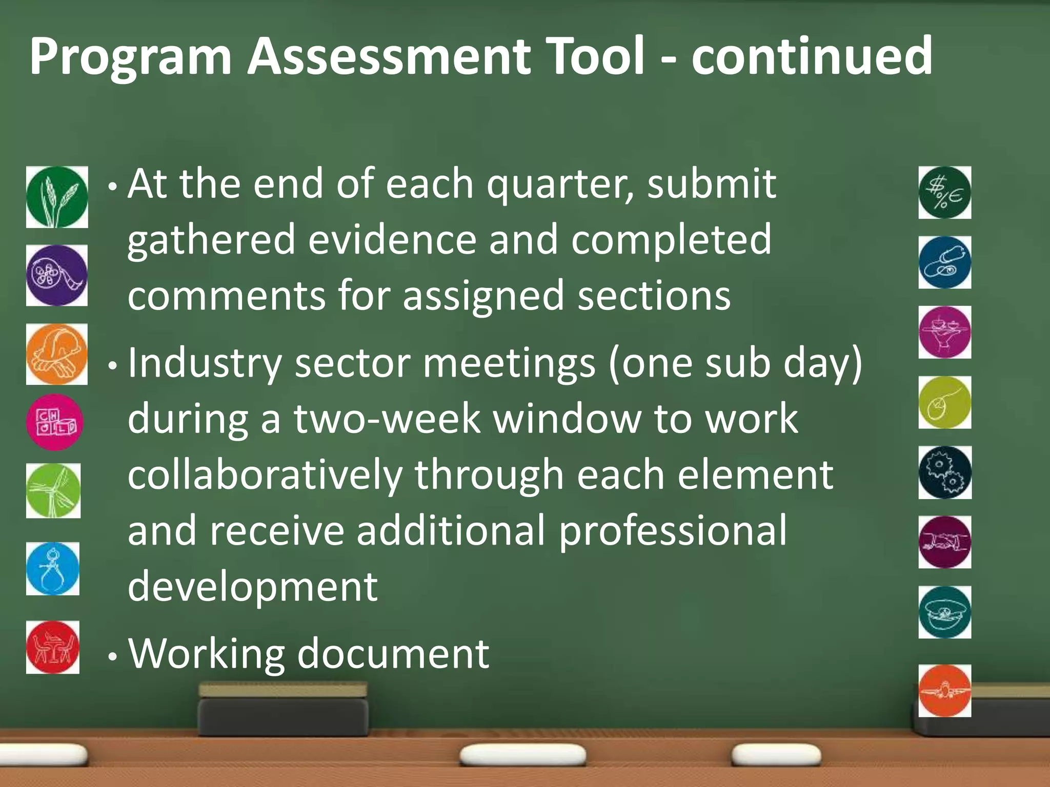 Program Assessment Tool - continuedAt the end of each quarter, submit gathered evidence and completed comments for assigned sectionsIndustry sector meetings (one sub day) during a two-week window to work collaboratively through each element and receive additional professional developmentWorking document