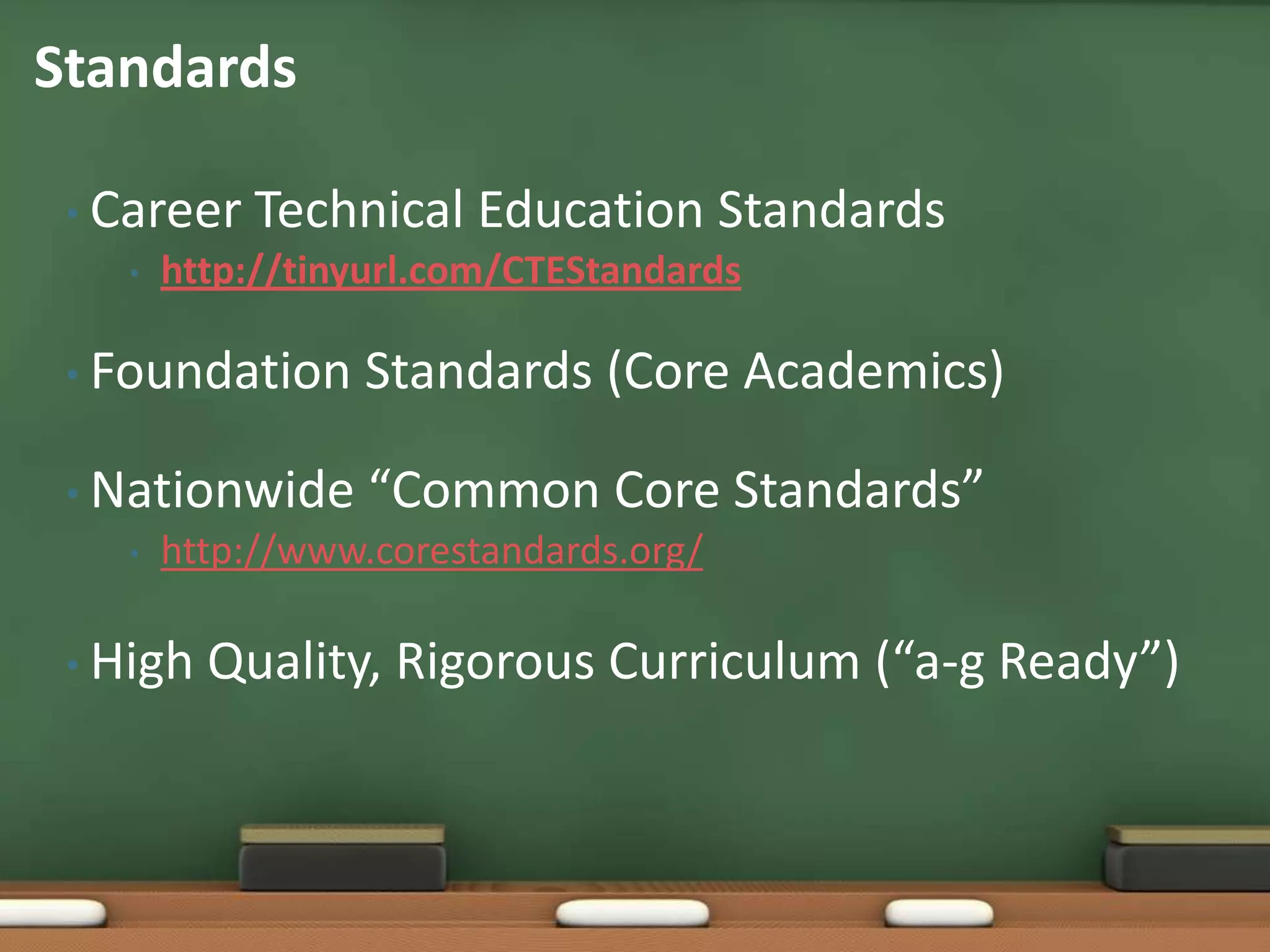 Career Technical Education Standardshttp://tinyurl.com/CTEStandardsFoundation Standards (Core Academics)Nationwide “Common Core Standards”http://www.corestandards.org/High Quality, Rigorous Curriculum (“a-g Ready”)Standards