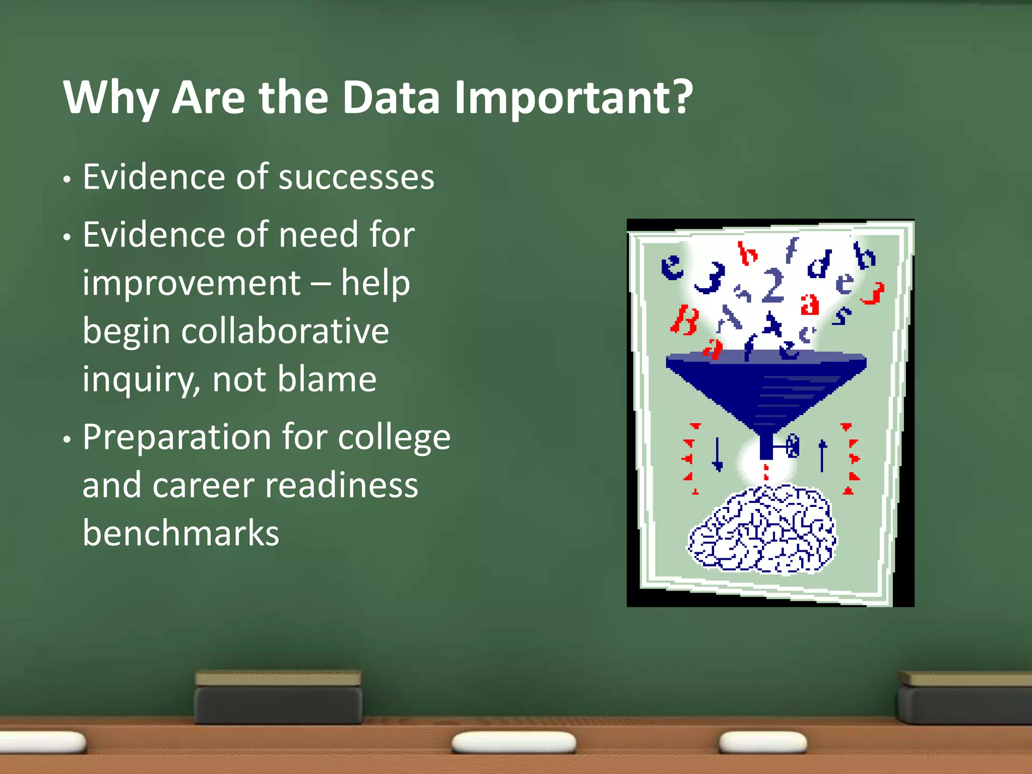 Why Are the Data Important?Evidence of successesEvidence of need for improvement – help begin collaborative inquiry, not blamePreparation for college and career readiness benchmarks
