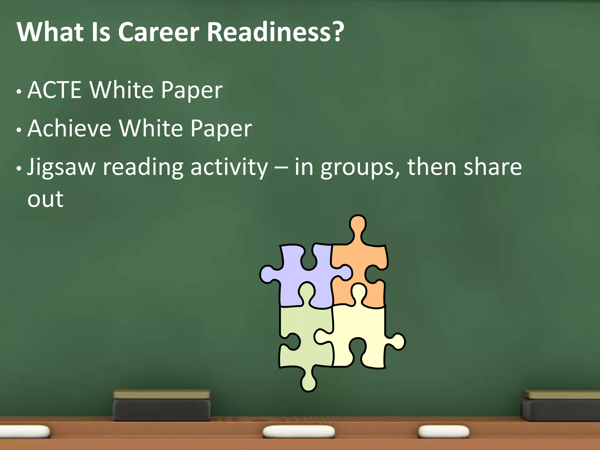 What Is Career Readiness?ACTE White PaperAchieve White PaperJigsaw reading activity – in groups, then share out