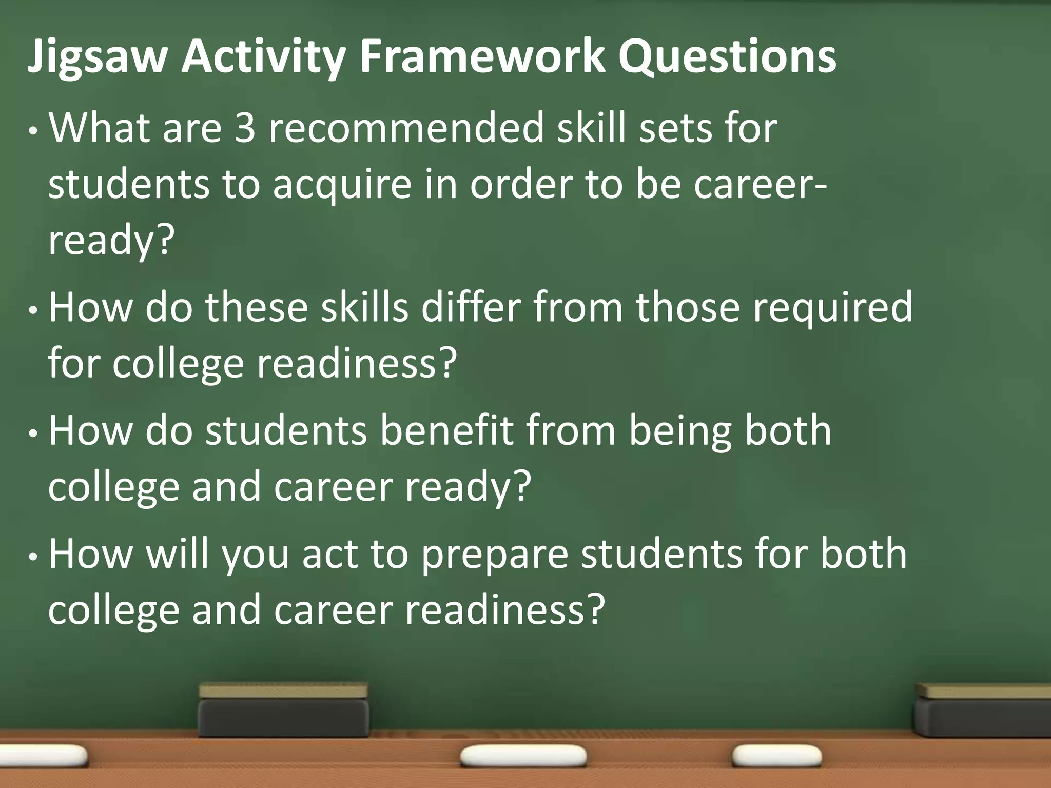Jigsaw Activity Framework QuestionsWhat are 3 recommended skill sets for students to acquire in order to be career-ready?How do these skills differ from those required for college readiness?How do students benefit from being both college and career ready?How will you act to prepare students for both college and career readiness?