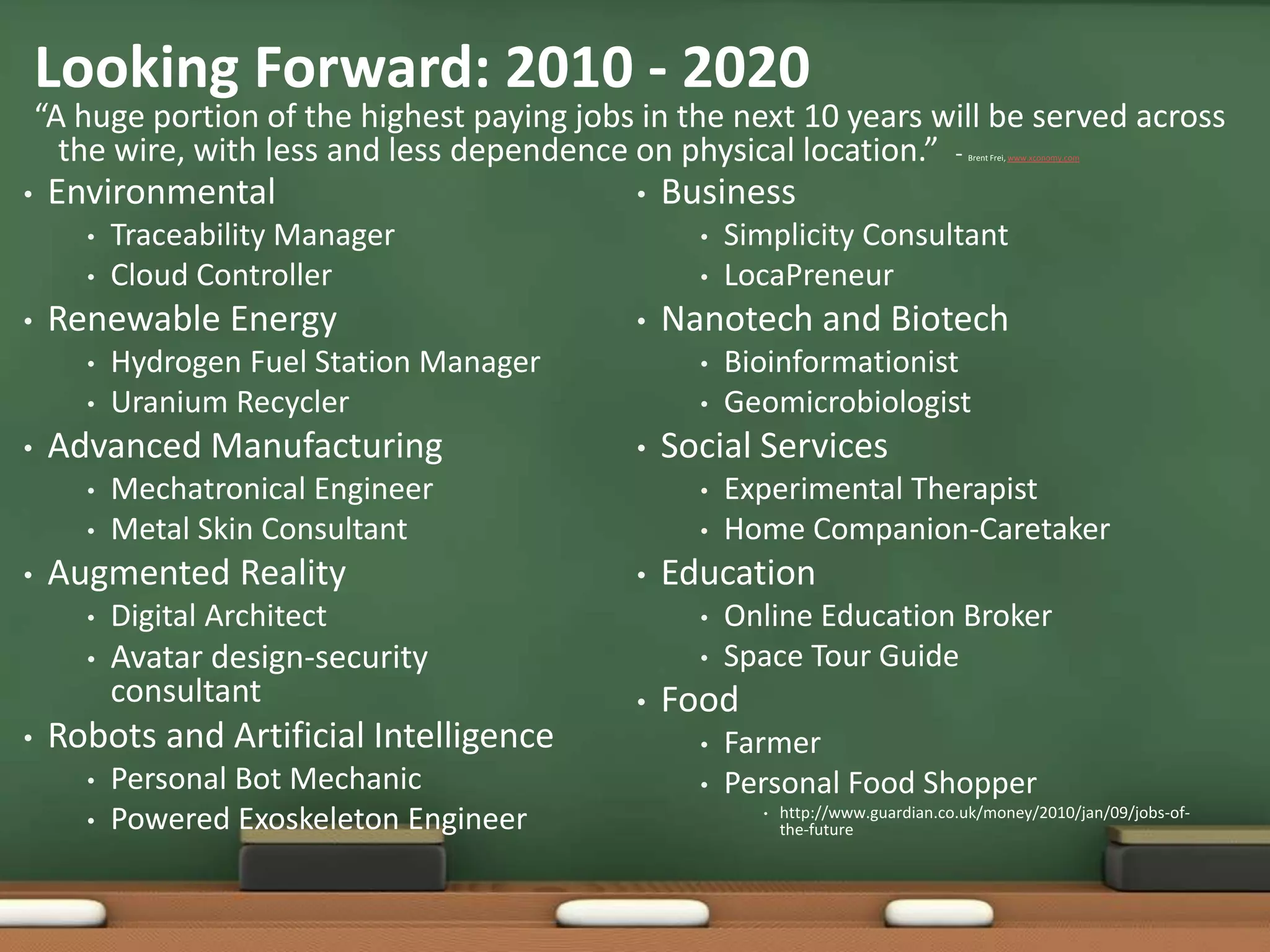 “A huge portion of the highest paying jobs in the next 10 years will be served across the wire, with less and less dependence on physical location.”  - Brent Frei, www.xconomy.comEnvironmentalTraceability ManagerCloud ControllerRenewable EnergyHydrogen Fuel Station ManagerUranium RecyclerAdvanced ManufacturingMechatronical EngineerMetal Skin ConsultantAugmented RealityDigital ArchitectAvatar design-security consultantRobots and Artificial IntelligencePersonal Bot MechanicPowered Exoskeleton EngineerBusinessSimplicity ConsultantLocaPreneurNanotech and BiotechBioinformationistGeomicrobiologistSocial ServicesExperimental TherapistHome Companion-CaretakerEducationOnline Education BrokerSpace Tour GuideFoodFarmerPersonal Food Shopperhttp://www.guardian.co.uk/money/2010/jan/09/jobs-of-the-futureLooking Forward: 2010 - 2020