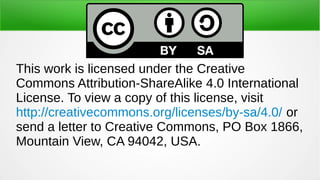 This work is licensed under the Creative
Commons Attribution-ShareAlike 4.0 International
License. To view a copy of this license, visit
http://creativecommons.org/licenses/by-sa/4.0/ or
send a letter to Creative Commons, PO Box 1866,
Mountain View, CA 94042, USA.
 