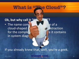 Ok, but why call it “the cloud”?
• The name comes from the use of a
  cloud-shaped symbol as an abstraction
  for the complex infrastructure it contains
  in system diagrams.


If you already knew that, well, you’re a geek.
12/17/2012                                       10
 