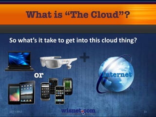 So what’s it take to get into this cloud thing?




12/17/2012                                        11
 