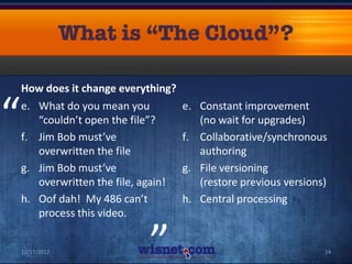 How does it change everything?


“   e. What do you mean you
       “couldn’t open the file”?
    f. Jim Bob must’ve
                                      e. Constant improvement
                                         (no wait for upgrades)
                                      f. Collaborative/synchronous
       overwritten the file              authoring
    g. Jim Bob must’ve                g. File versioning
       overwritten the file, again!      (restore previous versions)
    h. Oof dah! My 486 can’t
       process this video.
                             “        h. Central processing



    12/17/2012                                                     14
 