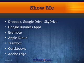 •   Dropbox, Google Drive, SkyDrive
•   Google Business Apps
•   Evernote
•   Apple iCloud
•   Teambox
•   Quickbooks
•   Adobe Edge
12/17/2012                            25
 