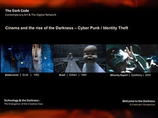 Welcome to the Darkness
A Cinematic Perspective
Technology & the Darkness :
The Emergence of the Creative Class
Cinema and the rise of the Darkness – Cyber Punk / Identity Theft
The Dark Code
Contemporary Art & The Digital Network
Minority Report | Spielberg | 2002Bladerunner | Scott | 1982 Brazil | Gilliam | 1985
 