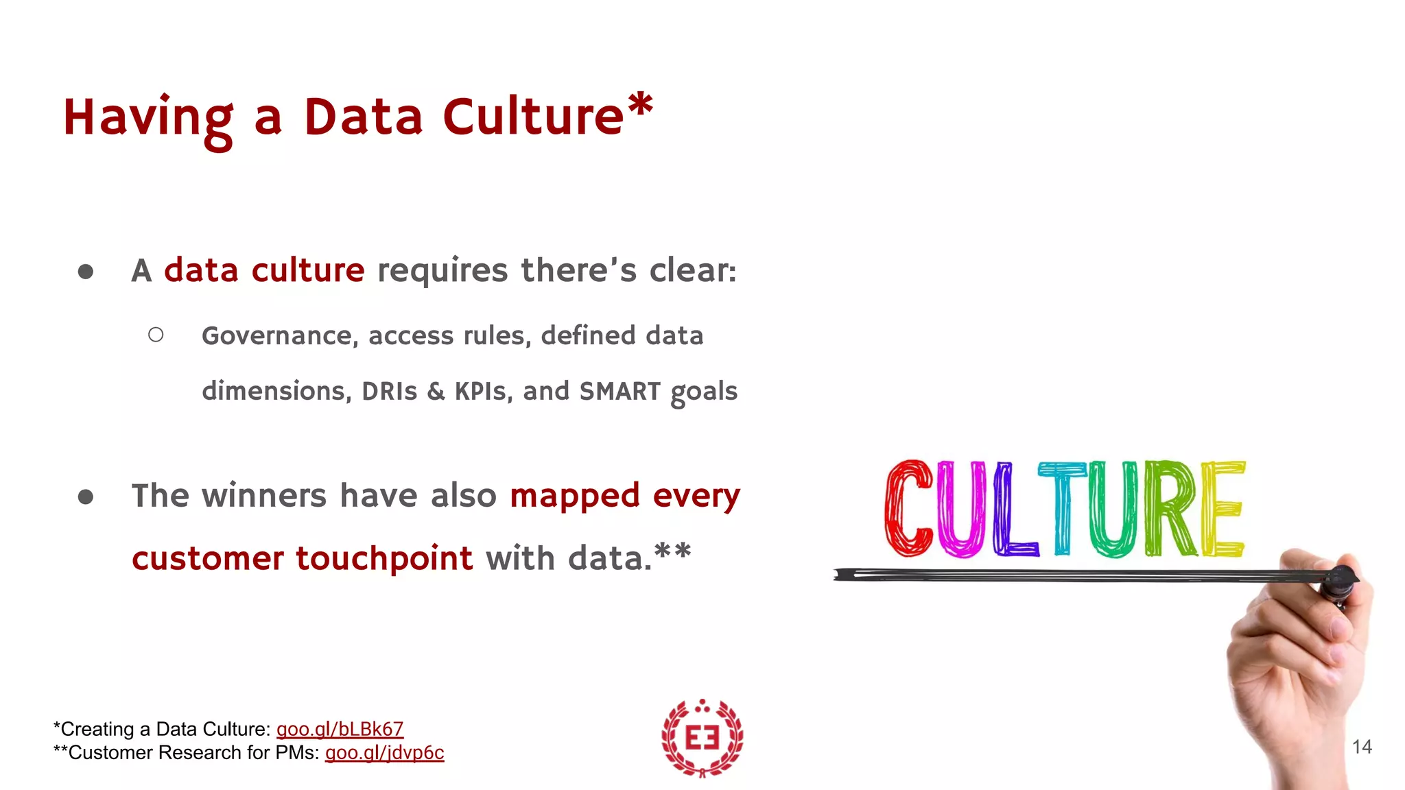 Having a Data Culture*
● A data culture requires there’s clear:
○ Governance, access rules, defined data
dimensions, DRIs & KPIs, and SMART goals
● The winners have also mapped every
customer touchpoint with data.**
14
*Creating a Data Culture: goo.gl/bLBk67
**Customer Research for PMs: goo.gl/jdvp6c
 