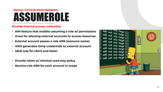 INITIAL ACCESS PROVISIONING
ASSUMEROLE
Provide internal access, externally
• IAM feature that enables assuming a role w/ permissions
• Great for allowing external accounts to access resources
• External account passes a role ARN (resource name)
• AWS generates temp credentials to external account
• Ideal way for client and tester
• Provide client w/ minimal read-only policy
• Receive role ARN for each account in scope
14
 