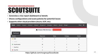 RESOURCE RECONNAISSANCE
SCOUTSUITE
• Generates a nice report dashboard w/ details
• Shows configurations and scans policies for potential issues
• Supports other cloud providers (Azure, GCP, etc)
20
https://github.com/nccgroup/ScoutSuite
 