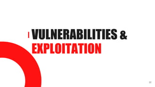 VULNERABILITIES &
EXPLOITATION
22
 