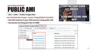 DATA EXFILTRATION
• EC2 -> AMIs -> Public Images filter
aws ec2 describe-images --query ‘Images[*].[Name,Public]’
• Run EC2 instance in your AWS account using public AMI
• Enumerate the filesystem like it’s 1999!
39
PUBLIC AMI
 