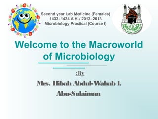 Second year Lab Medicine (Females)
         1433- 1434 A.H. / 2012- 2013
      Microbiology Practical (Course I)




Welcome to the Macroworld
     of Microbiology
                     :By
    Mrs. Hibah Abdul-Wahab I.
          Abu-Sulaiman
 