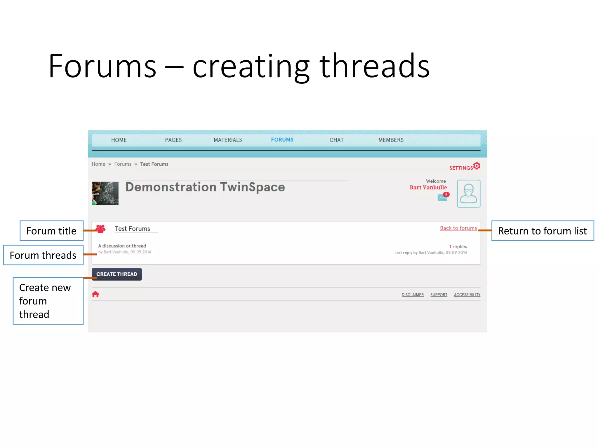 Forums –creating threads 
Forum title 
Forum threads 
Create new forum thread 
Return to forum list  