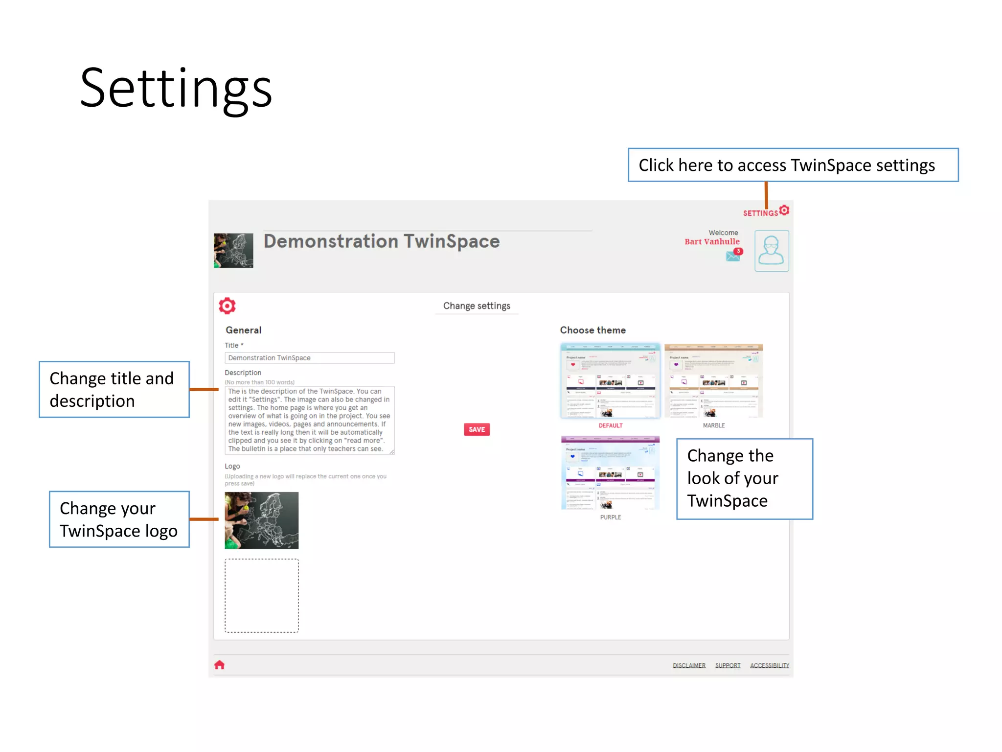 Settings 
Click here to access TwinSpacesettings 
Change the look of your TwinSpace 
Change title and description 
Change your 
TwinSpacelogo 