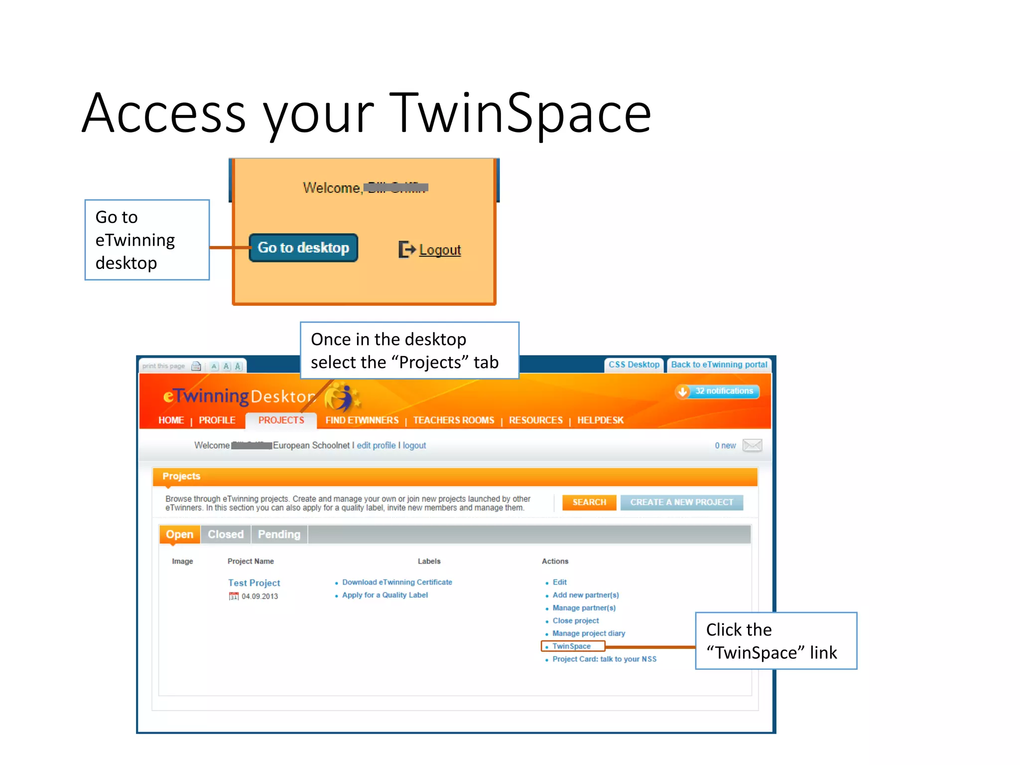 Access your TwinSpace 
Go to eTwinning desktop 
Click the “TwinSpace” link 
Once in the desktop select the “Projects” tab  