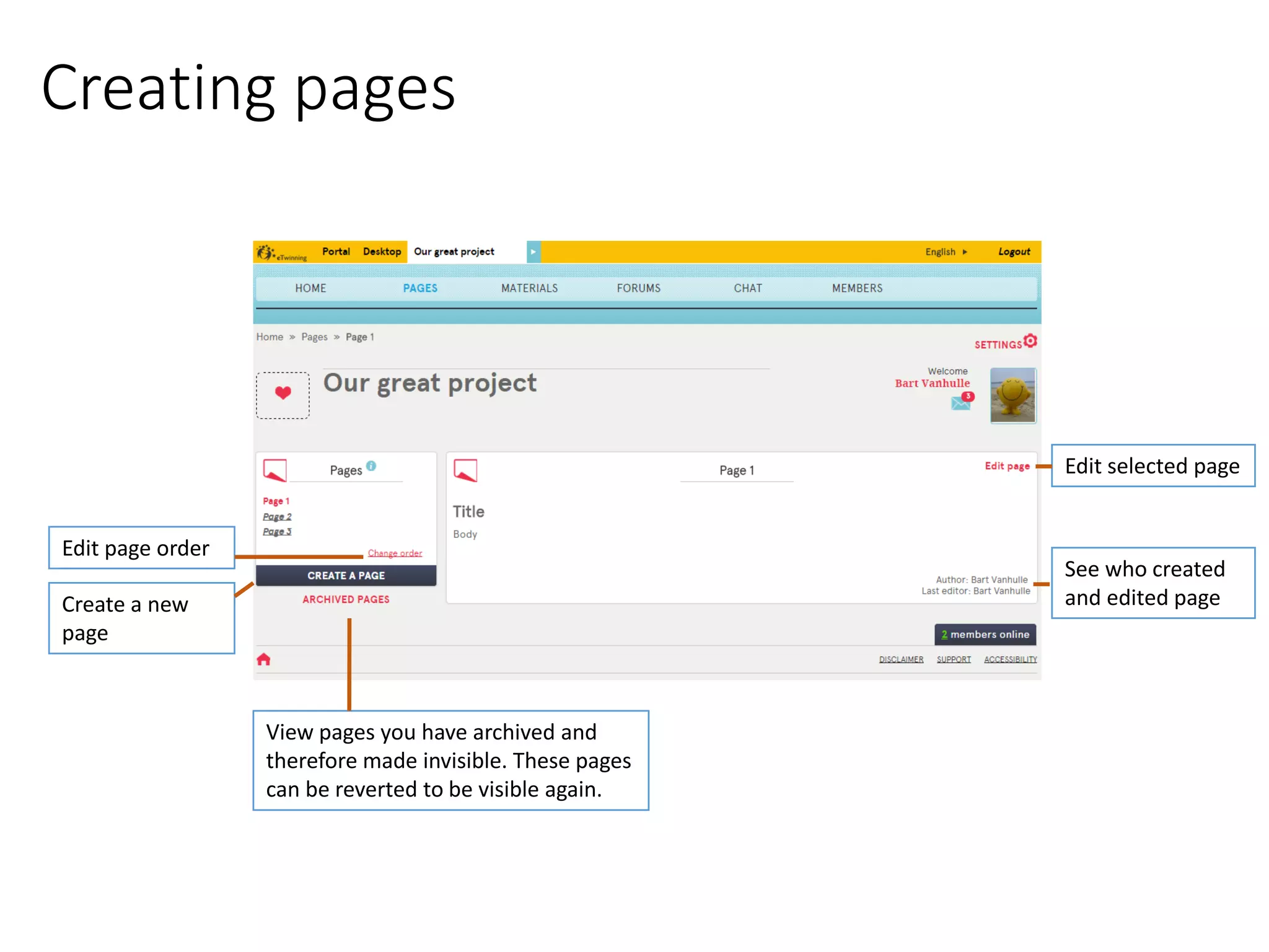 Creating pages 
Create a new page 
View pages you have archived and therefore made invisible. These pages can be reverted to be visible again. 
Edit selected page 
Edit page order 
See who created 
and edited page  