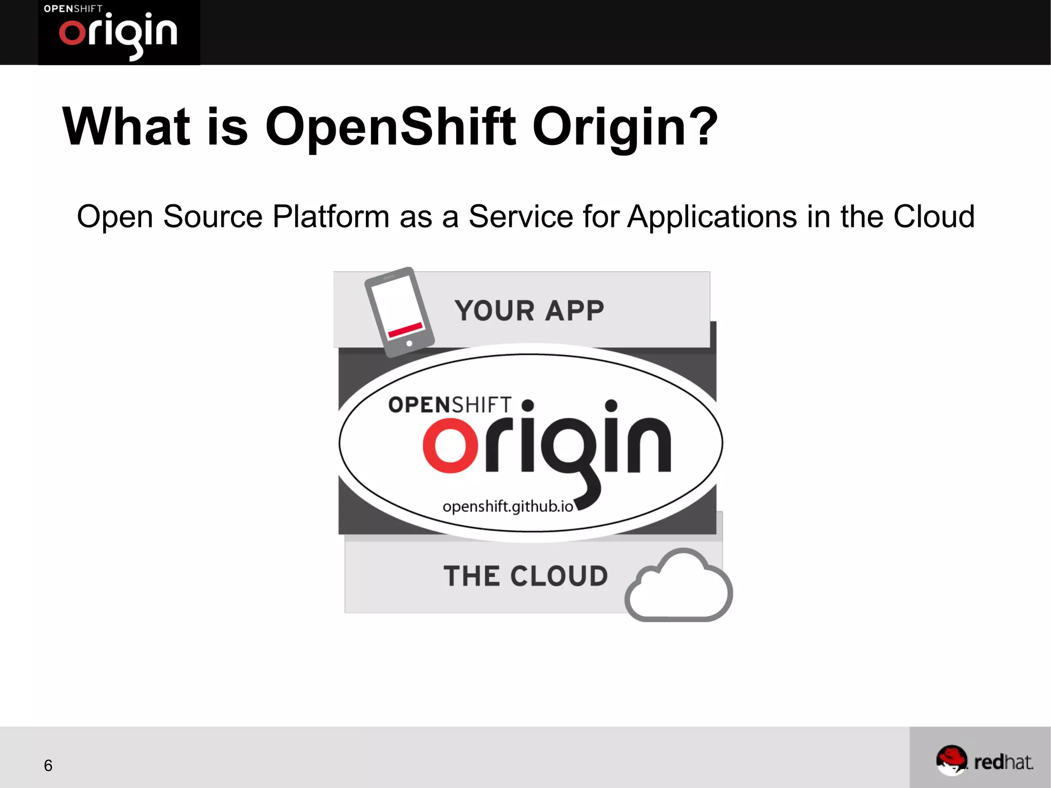 What is OpenShift Origin?
    Open Source Platform as a Service for Applications in the Cloud




6
 