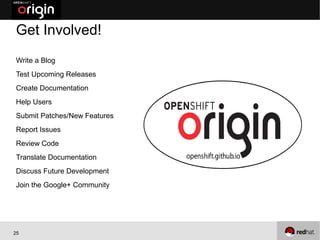 Get Involved!
Write a Blog
Test Upcoming Releases
Create Documentation
Help Users
Submit Patches/New Features
Report Issues
Review Code
Translate Documentation
Discuss Future Development
Join the Google+ Community




25
 