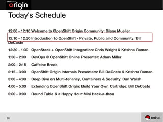 Today's Schedule
12:00 - 12:10 Welcome to OpenShift Origin Community: Diane Mueller
12:10 - 12:30 Introduction to OpenShift - Private, Public and Community: Bill
DeCoste
12:30 - 1:30 OpenStack + OpenShift Integration: Chris Wright & Krishna Raman
1:30 - 2:00   DevOps @ OpenShift Online Presenter: Adam Miller
2:00 - 2:15   Caffeine Break
2:15 - 3:00   OpenShift Origin Internals Presenters: Bill DeCoste & Krishna Raman
3:00 - 4:00   Deep Dive on Multi-tenancy, Containers & Security: Dan Walsh
4:00 - 5:00   Extending OpenShift Origin: Build Your Own Cartridge: Bill DeCoste
5:00 - 9:00   Round Table & a Happy Hour Mini Hack-a-thon




28
 