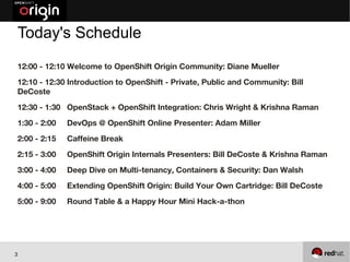 Today's Schedule
12:00 - 12:10 Welcome to OpenShift Origin Community: Diane Mueller
12:10 - 12:30 Introduction to OpenShift - Private, Public and Community: Bill
DeCoste
12:30 - 1:30 OpenStack + OpenShift Integration: Chris Wright & Krishna Raman
1:30 - 2:00   DevOps @ OpenShift Online Presenter: Adam Miller
2:00 - 2:15   Caffeine Break
2:15 - 3:00   OpenShift Origin Internals Presenters: Bill DeCoste & Krishna Raman
3:00 - 4:00   Deep Dive on Multi-tenancy, Containers & Security: Dan Walsh
4:00 - 5:00   Extending OpenShift Origin: Build Your Own Cartridge: Bill DeCoste
5:00 - 9:00   Round Table & a Happy Hour Mini Hack-a-thon




3
 
